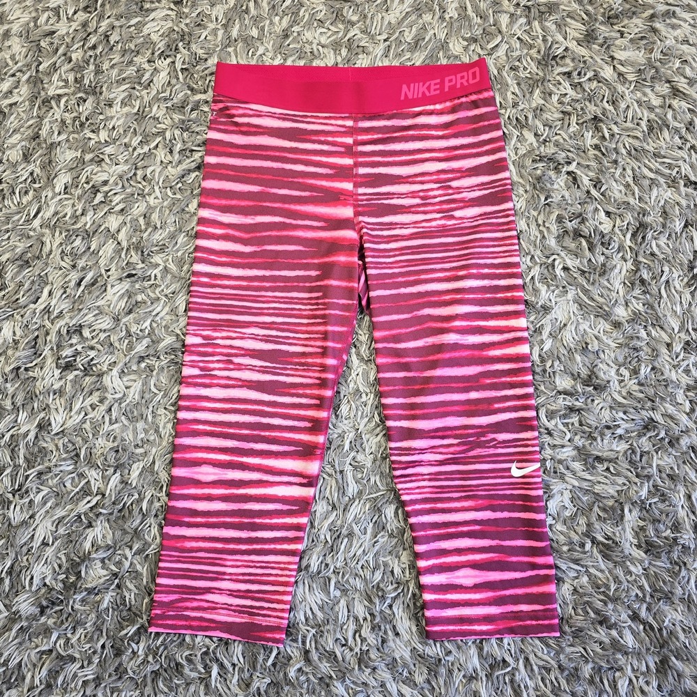 Nike Pro Leggings Womens Large Pink Purple Striped Capri Running Yoga 717430-677